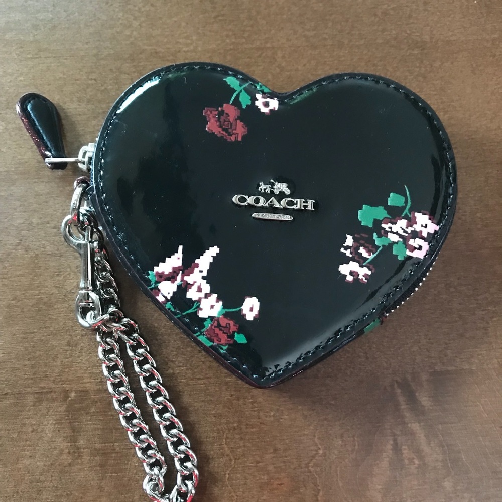 Coach Patent Heart Shape Rose Print Coin Purse